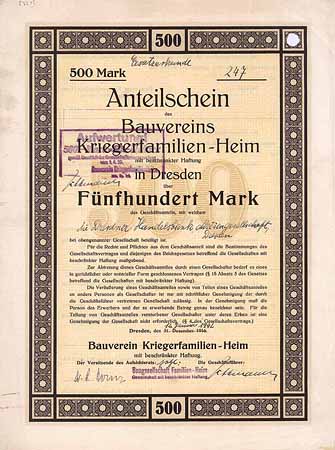 Bauverein Kriegerfamilien-Heim mbH (Ersatzurkunde von 1942)