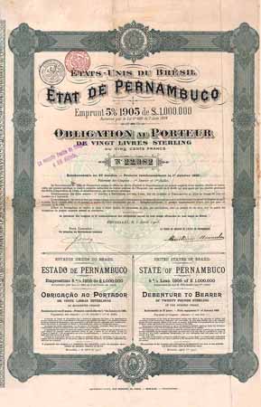 État de Pernambuco Emprunt 5 % 1905