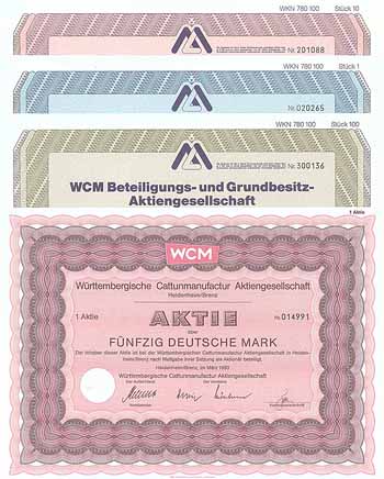 Württembergische Cattunmanufactur AG + WCM Beteiligungs- und Grundbesitz-AG (4 Stücke)