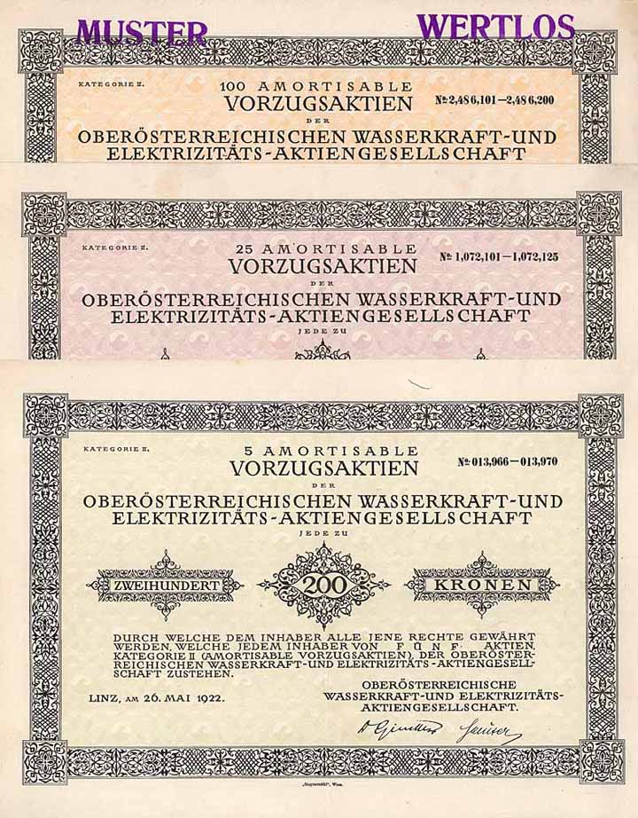 Oberösterreichische Wasserkraft- und Elektrizitäts-AG (4 Stücke)