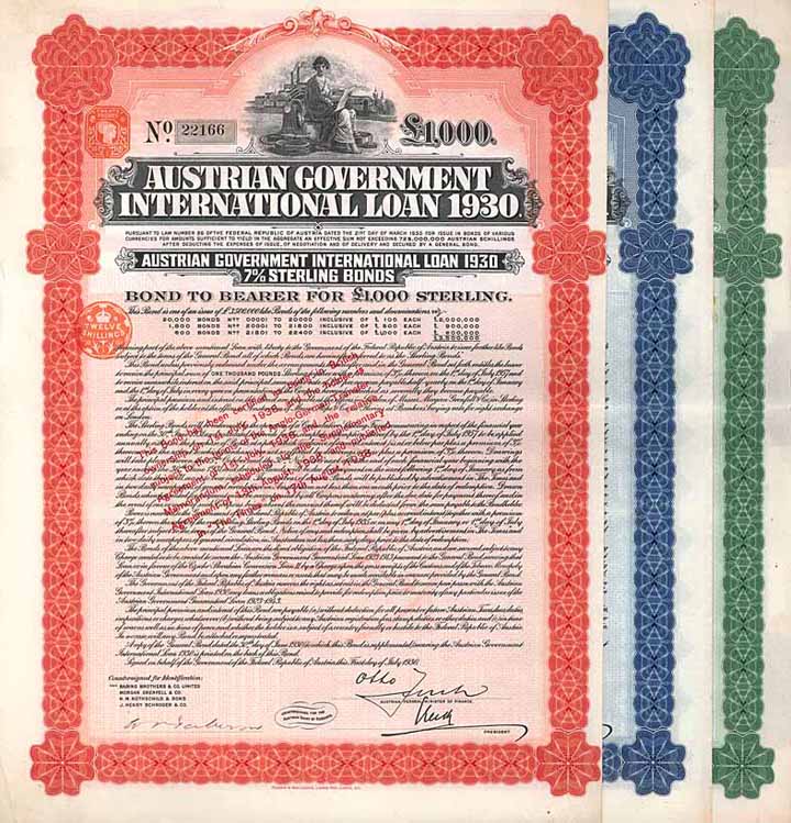 Austrian Government International Loan 1930 - 3 Stücke