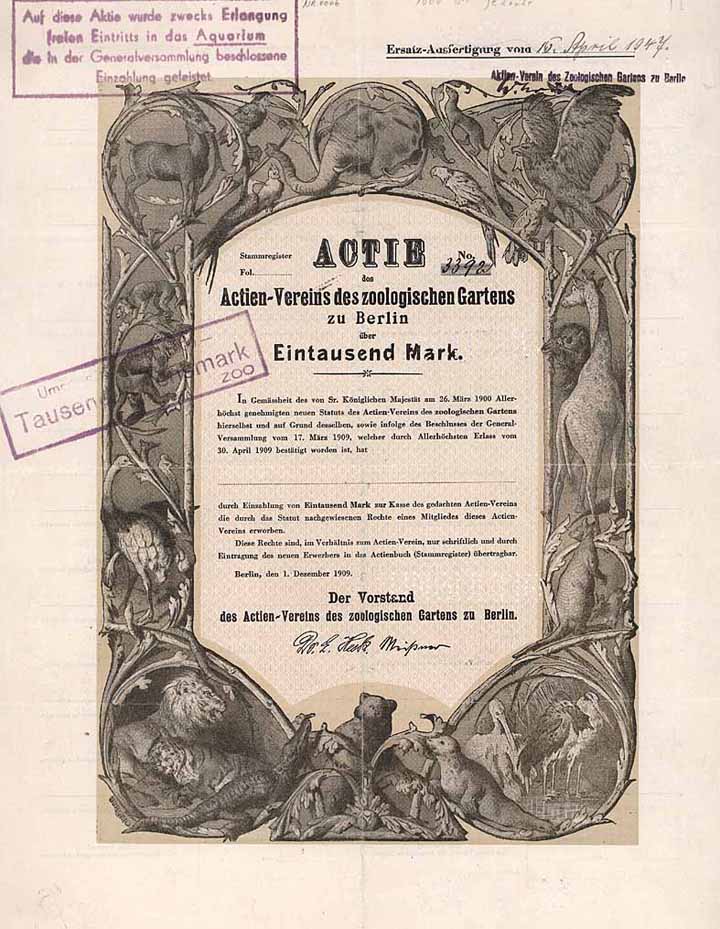 Actien-Verein des zoologischen Gartens zu Berlin (Ersatzausfertigung von 1947)