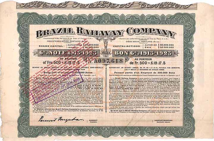 Brazil Railway Company 6 % Note 1913-1923