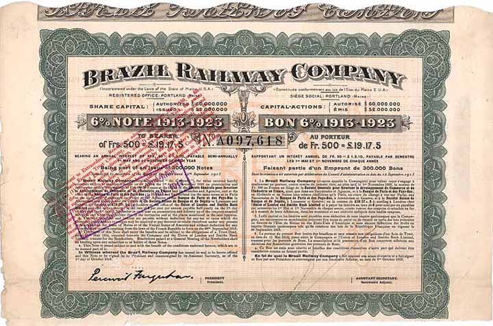 Brazil Railway Company 6 % Note 1913-1923