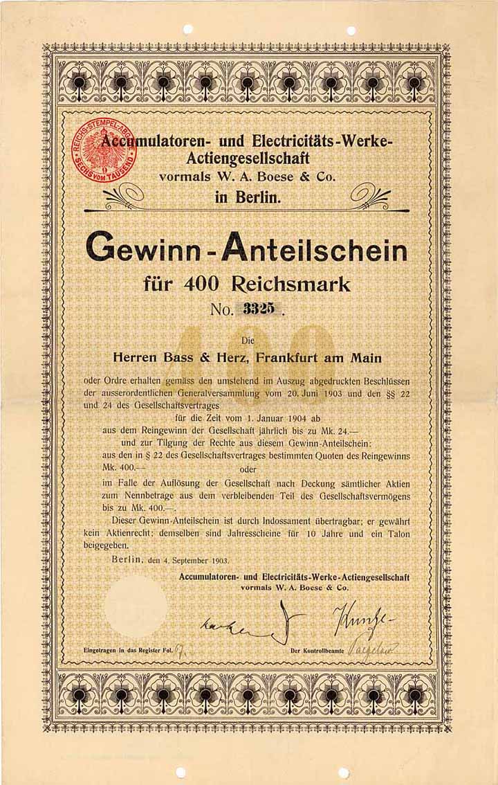 Accumulatoren- und Electricitäts-Werke AG vormals W. A. Boese & Co.