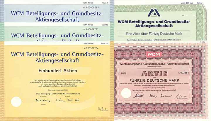 Württembergische Cattunmanufactur AG + WCM Beteiligungs- und Grundbesitz-AG (5 Stücke)
