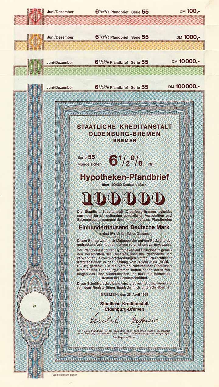 Staatliche Kreditanstalt Oldenburg-Bremen (4 Stücke)