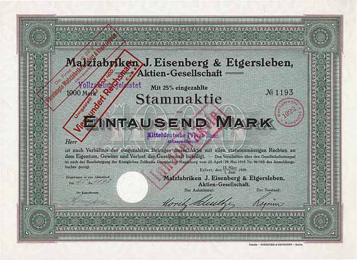 Malzfabriken J. Eisenberg & Etgersleben, AG