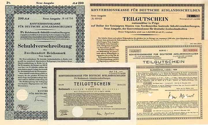 Konversionskasse für deutsche Auslandsschulden (6 Stücke) + Deutsches Reich (1 Stück)