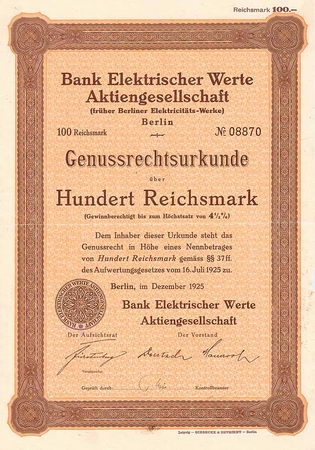 Bank Elektrischer Werte AG (früher Berliner Elektricitäts-Werke)