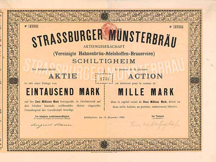 Strassburger Münsterbräu AG (Vereinigte Hahnenbräu-Adelshoffen-Brauereien)