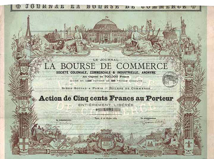 Le Journal la Bourse de Commerce Soc. Coloniale, Commerciale & Industrielle, Anonyme