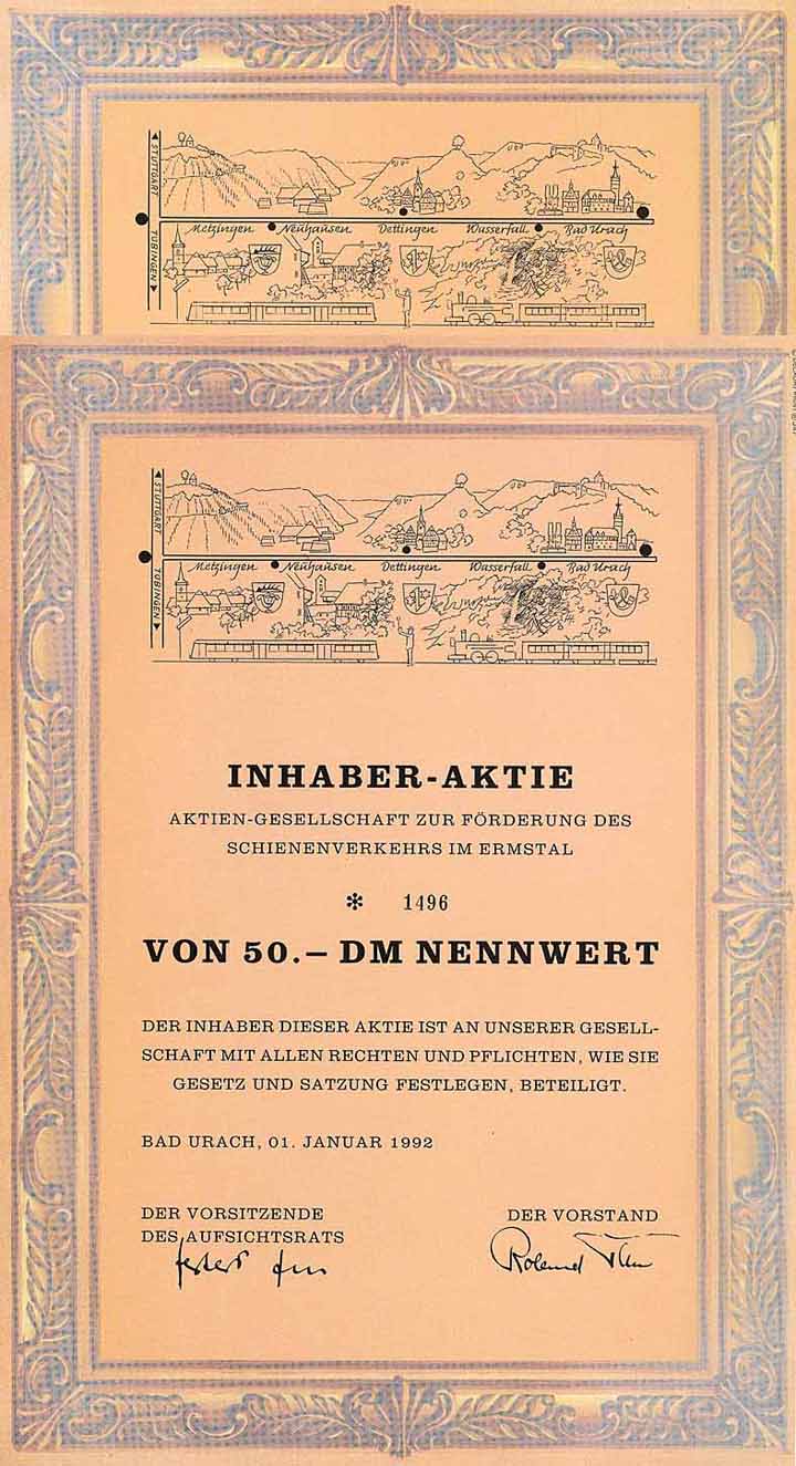 AG zur Förderung des Schienenverkehrs im Ermstal/Erms-Neckar-Bahn Eisenbahninfrastruktur AG (2 Stücke)