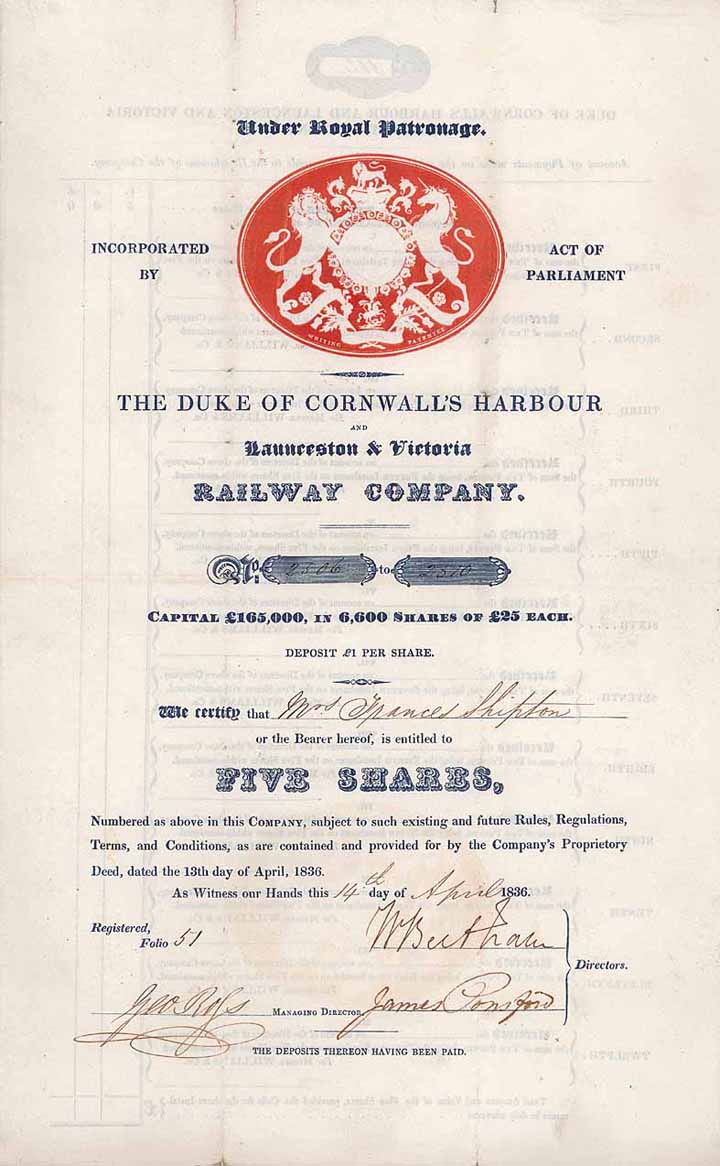 Duke of Cornwall’s Harbour and Launceston & Victoria Railway Co.