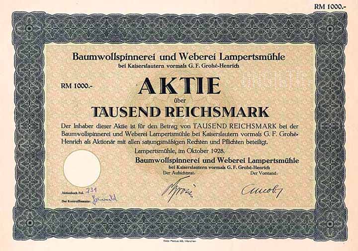 Baumwollspinnerei und Weberei Lampertsmühle bei Kaiserslautern vorm. G. F. Grohé-Henrich