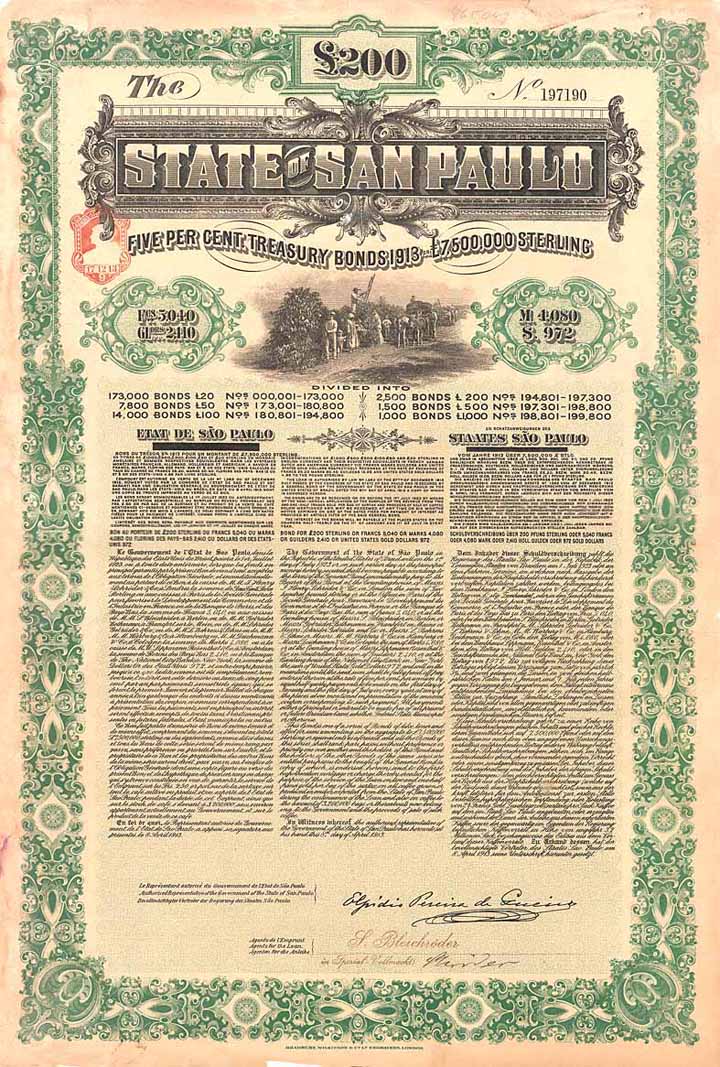 State of San Paulo 5 % Treasury Bonds 1913