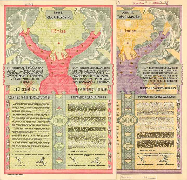 Westmährische Elektrizitätswerke AG (2 Stücke)