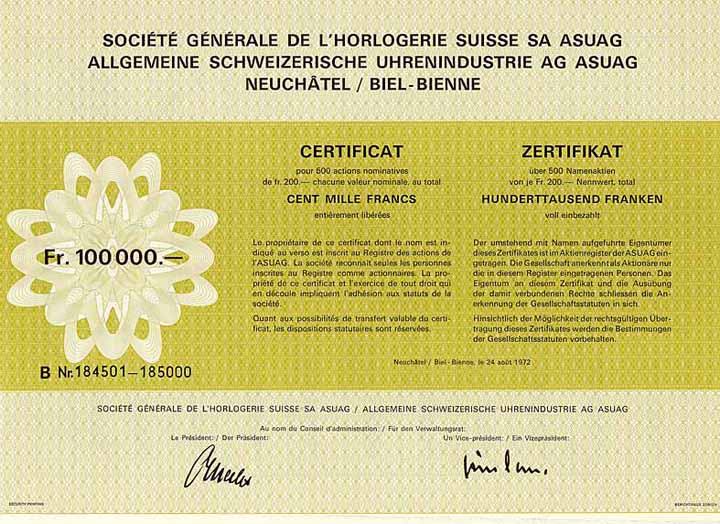 Soc. Gen. de L'Horlogerie Suisse S.A. ASUAG Allgemeine Schweizerische Uhrenindustrie AG