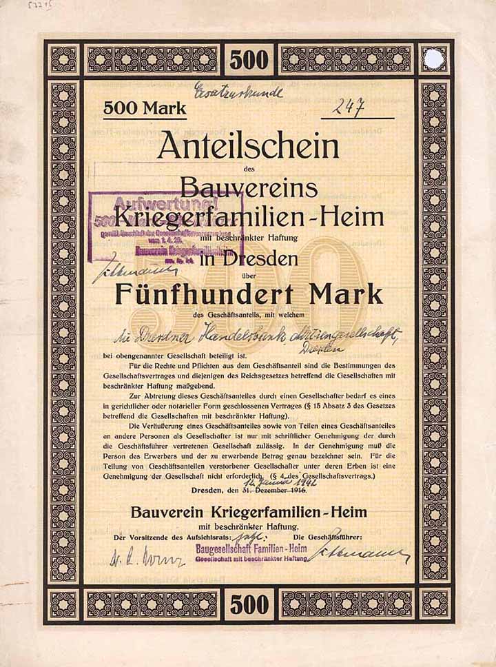 Bauverein Kriegerfamilien-Heim mbH (Ersatzurkunde von 1942)