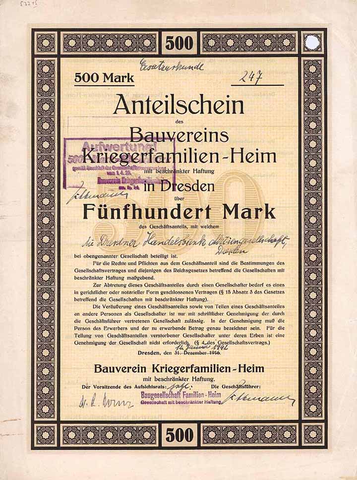 Bauverein Kriegerfamilien-Heim mbH (Ersatzurkunde von 1942)