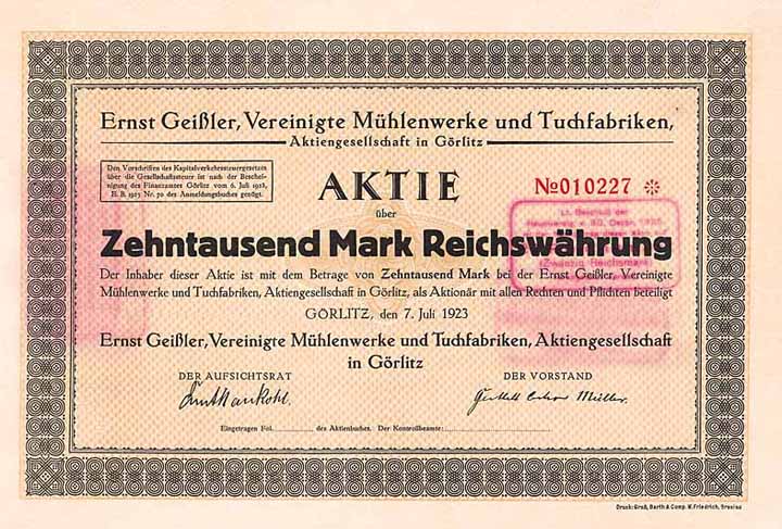 Ernst Geißler, Vereinigte Mühlen und Tuchfabriken AG