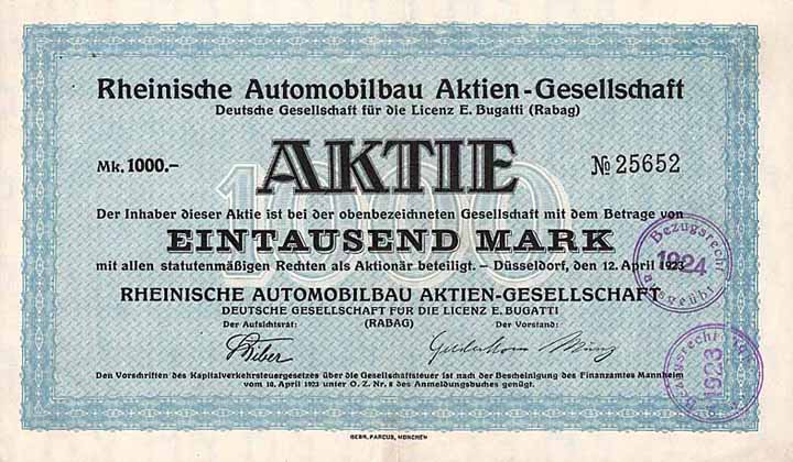 Rheinische Automobilbau AG Deutsche Gesellschaft für die Licenz E. Bugatti (Rabag)