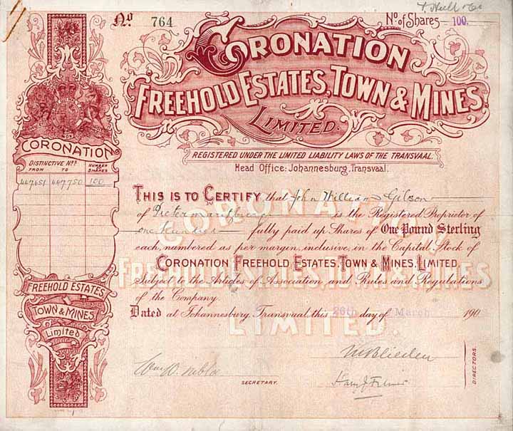 Coronation Freehold Estates, Town & Mines