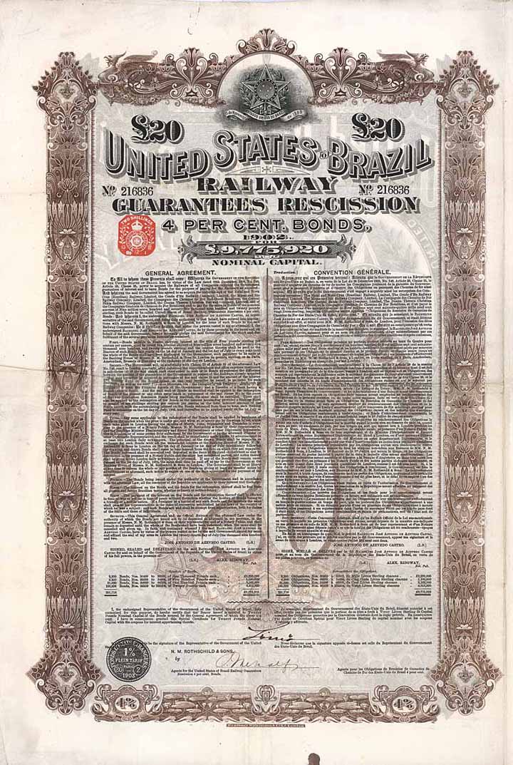 United States of Brazil Railway Guarantees Rescission 4 % Bonds 1902