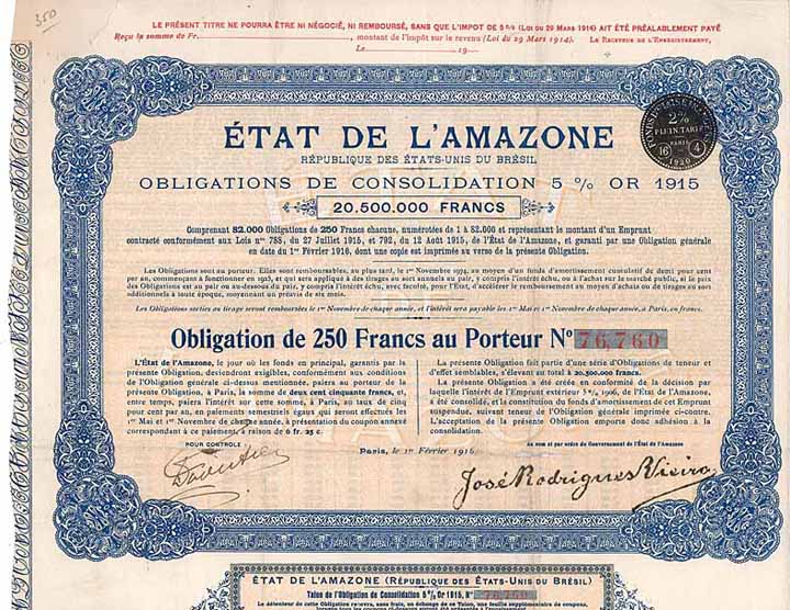 État de l’Amazone Emprunt de Consolidation 5 % Or 1915