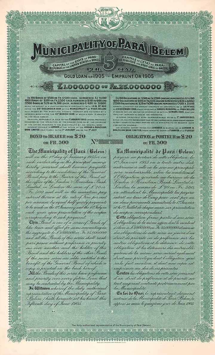 Municipality of Pará (Belem) 5 % Gold Loan of 1905