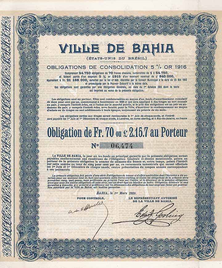 Ville de Bahia Obligations de Consolidation 5 % Or 1916