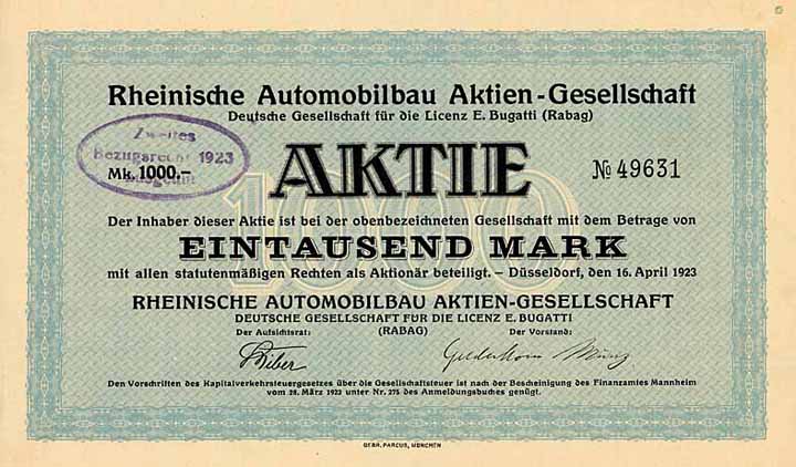 Rheinische Automobilbau AG Deutsche Gesellschaft für die Licenz E. Bugatti (Rabag)