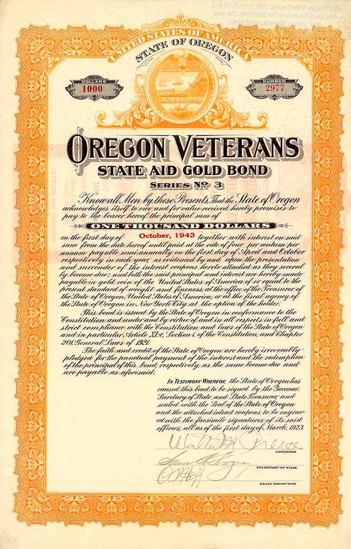 Oregon Veterans State Aid Gold Bond Ser. 3