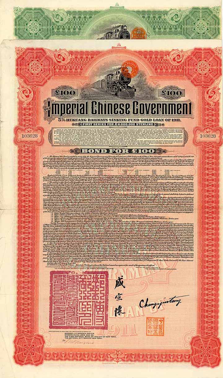 Imperial Chinese Government 5 % Hukuang Railways Gold Loan (10 Stücke)