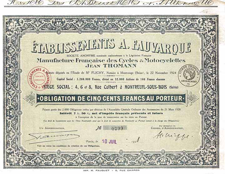 Établissements A. Fauvarque Manufacture Francais des Cycles & Motocyclettes Jean Thomann S.A.