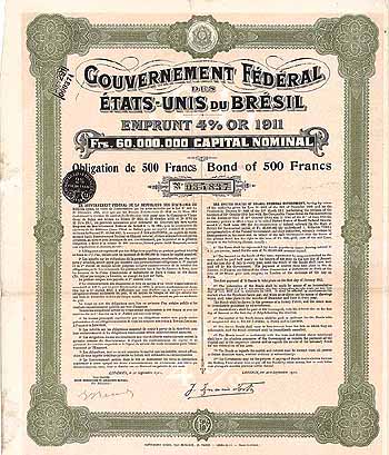 Gouvernement Fédéral des États-Unis du Brésil Emprunt 4 % Or 1911