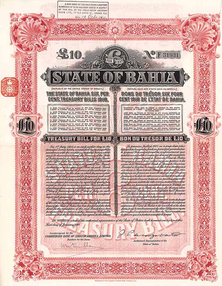 State of Bahia 6 % Treasury Bills 1918