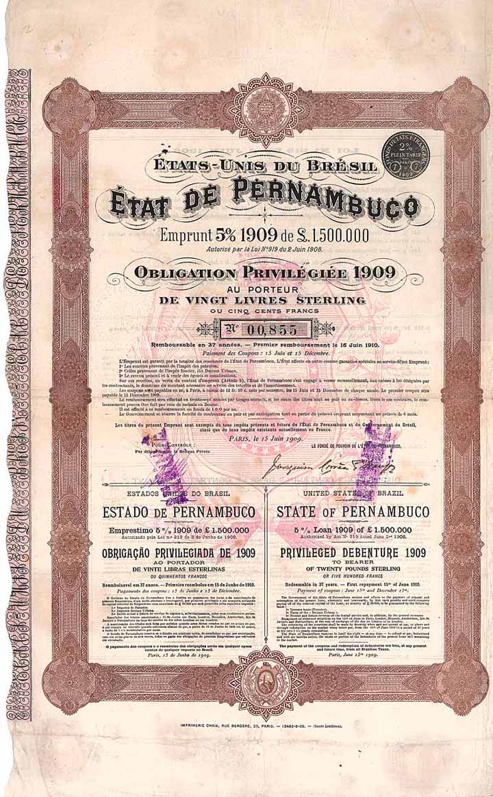 État de Pernambuco Emprunt 5 % 1909