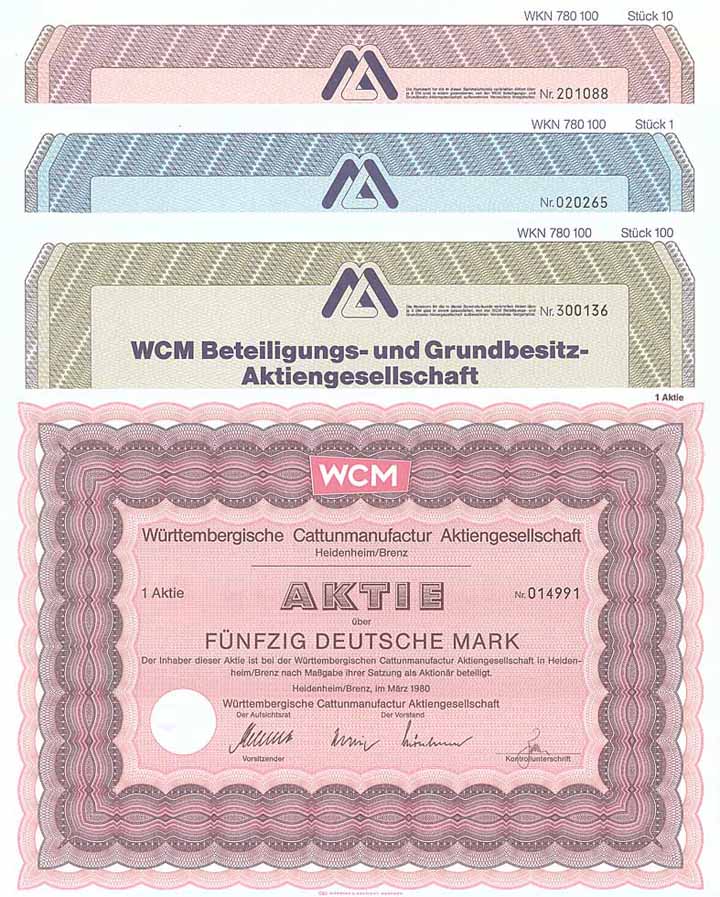 Württembergische Cattunmanufactur AG + WCM Beteiligungs- und Grundbesitz-AG (4 Stücke)