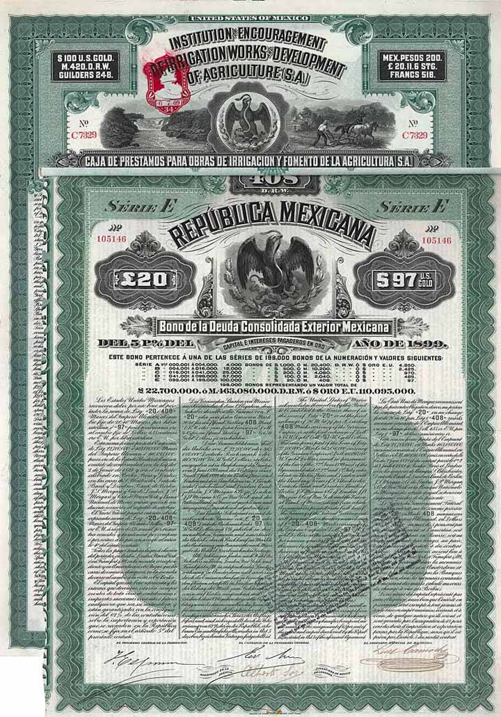 Republica Mexicana + Institut for Encouragement of Irrigation Works and Development of Agriculture (2 Stücke)