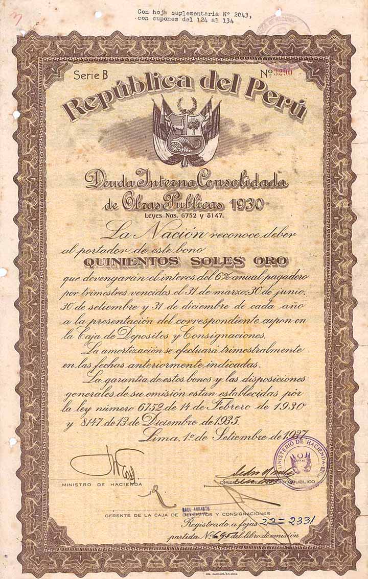 República del Perú - Deuda Interna Consolidada de Obras Publicas 1930