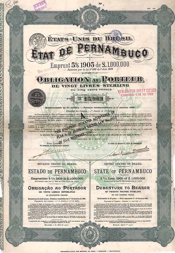 État de Pernambuco Emprunt 5 % 1905