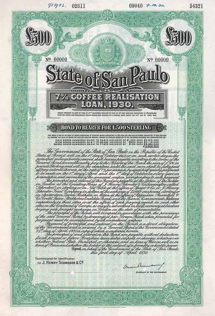 State of San Paulo 7 % Coffee Realisation Loan 1930