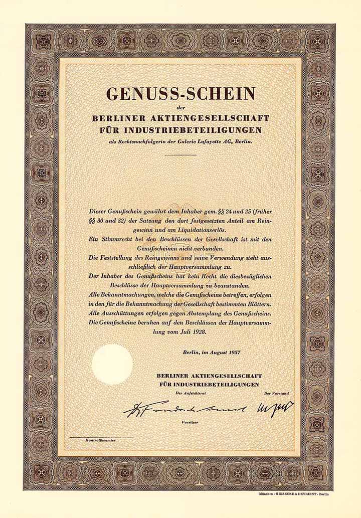 Berliner AG für Industriebeteiligungen als Rechtsnachfolgerin der Galeries Lafayette AG