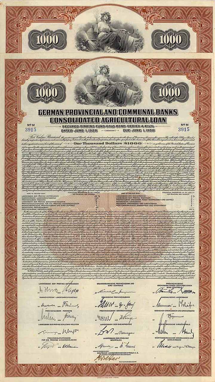 German Provincial and Communal Banks Consolidated Agricultural Loan (2 Stücke)