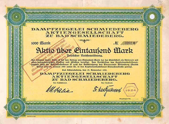 Dampfziegelei Schmiedeberg AG (1929 umgest. auf 100 RM)