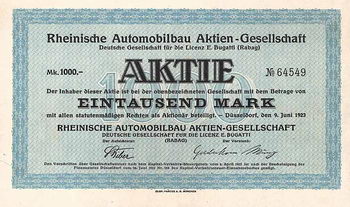 Rheinische Automobilbau AG Deutsche Gesellschaft für die Licenz E. Bugatti (Rabag)