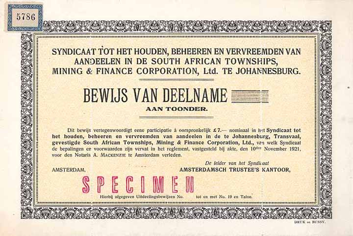 Syndicaat tot het Houden, Beheeren en Vervfreemden van Aandeelen in de South African Townships, Mining & Finance Corp., Ltd. te Johannrsburg