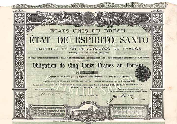 État de Espirito Santo Emprunt 5 % Or