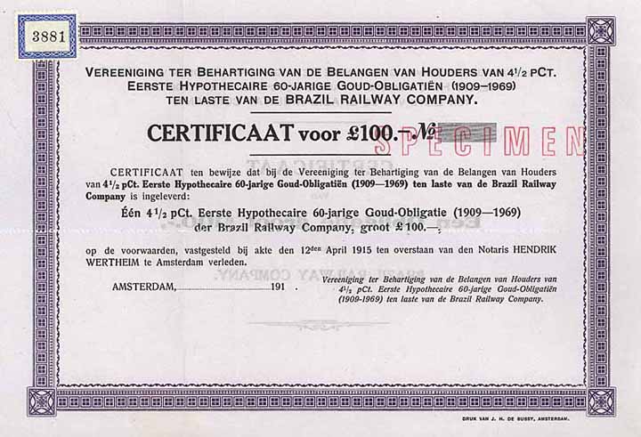 Vereeniging ter Behartiging van de Belangen van Houders van 4,5 Pct. Eerste Hypothecaire 60-jarige Goud-Obligatien (1909-1969) ten Lasten van de BRAZIL RAILWAY Co.